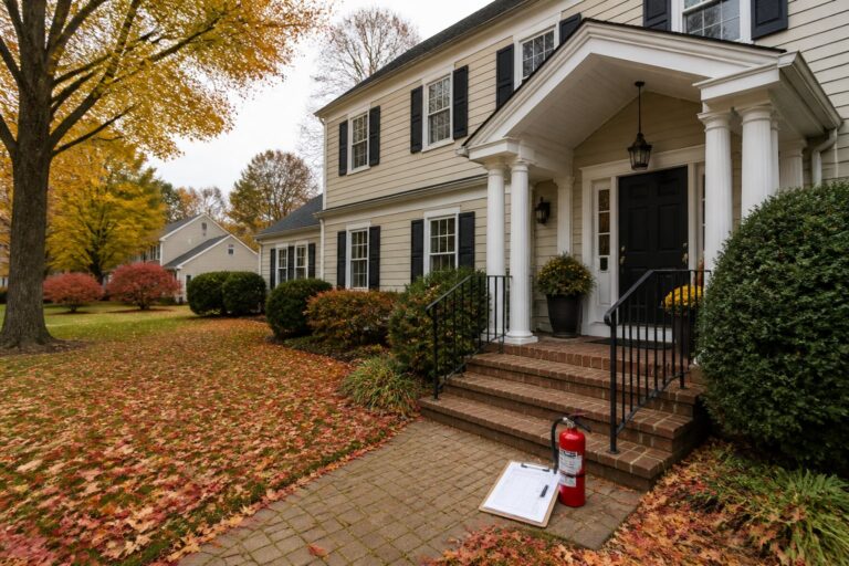 A colonial home with a red fire extinguisher and inspection clipboard on the front steps in autumn, CCO Inspection When Selling a Home in Englewood, NJ