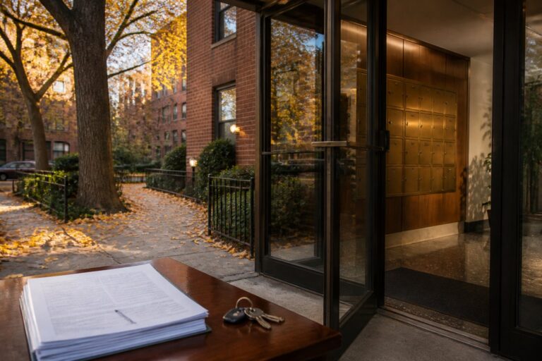 A mid-century brick apartment building entrance in autumn with closing documents and keys on an entry table, Co-op vs Condo in Riverdale, Bronx