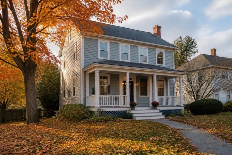 A gray colonial home with a front porch on a leafy street in autumn, First-Time Home Buyer Programs in Stamford, CT