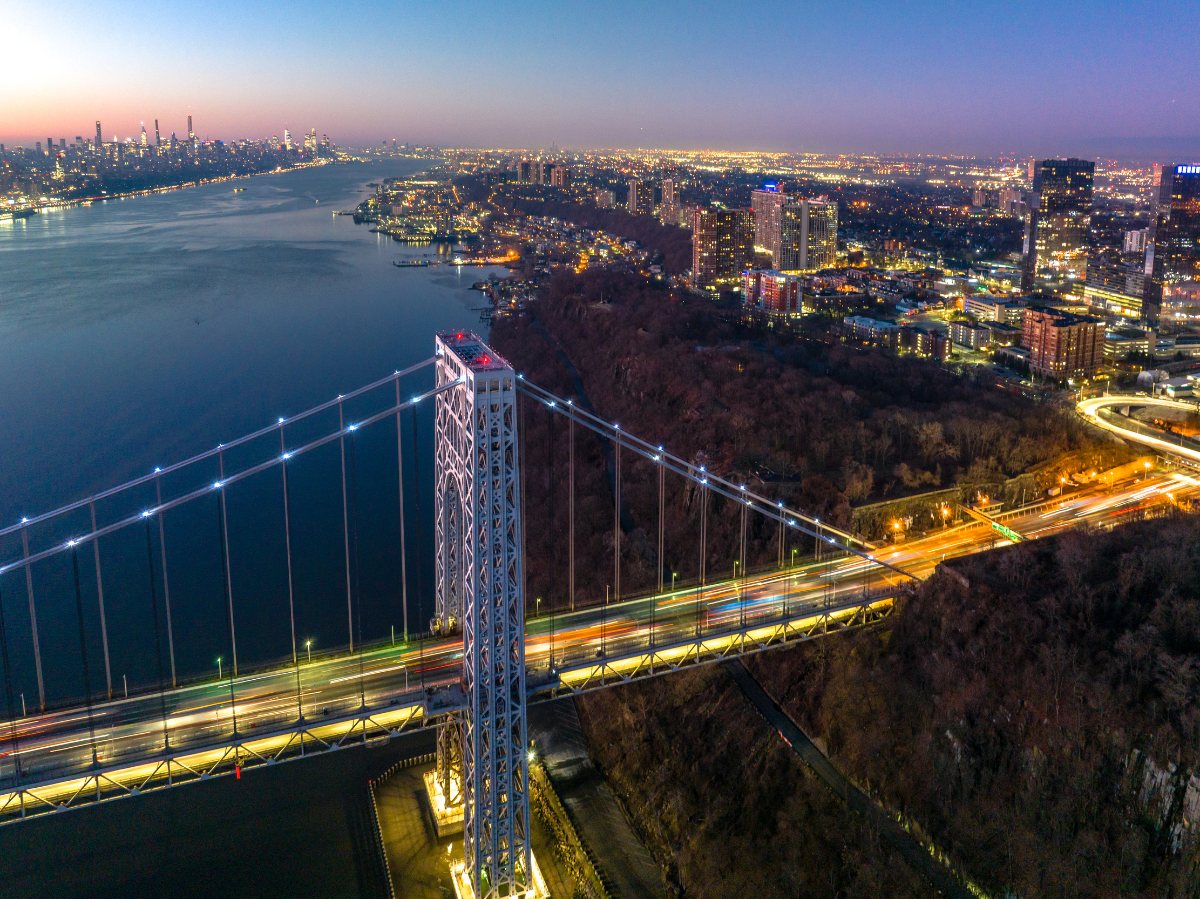 Aerial view of Fort Lee and the George Washington Bridge at dusk