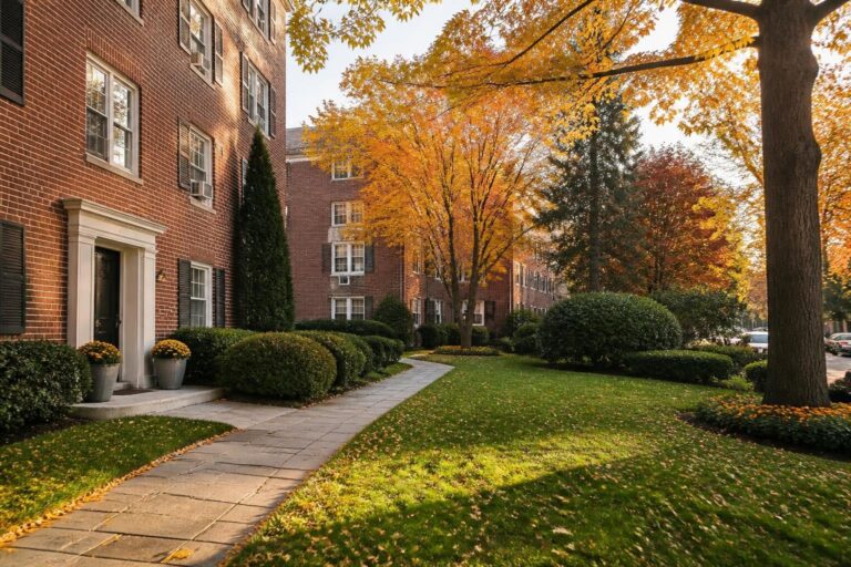 A brick co-op apartment building with a landscaped courtyard in autumn, Selling a Co-op in Hartsdale, NY