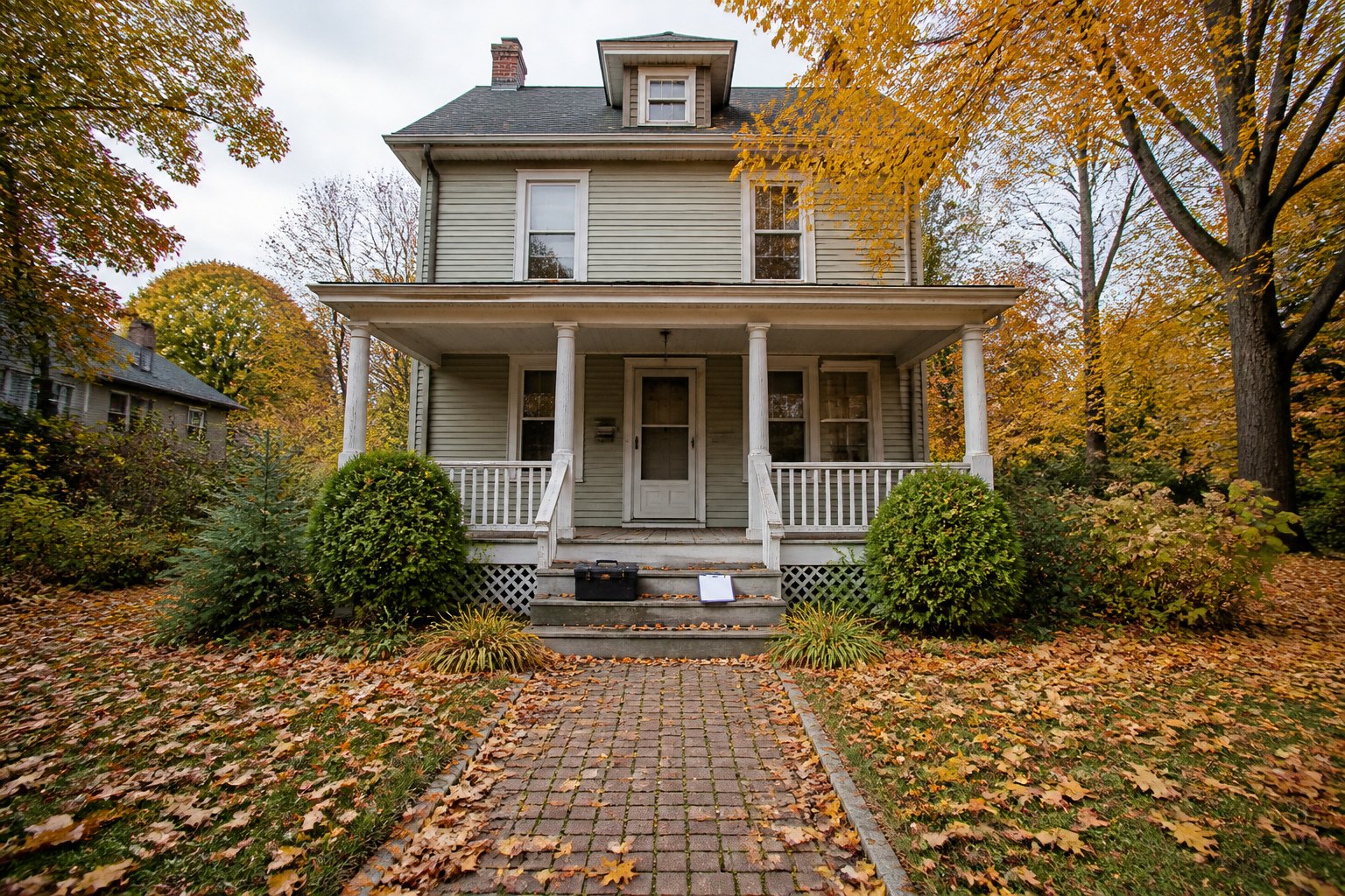 A two-story white house with a front porch and autumn leaves on the lawn, Selling a House As-Is in New Rochelle