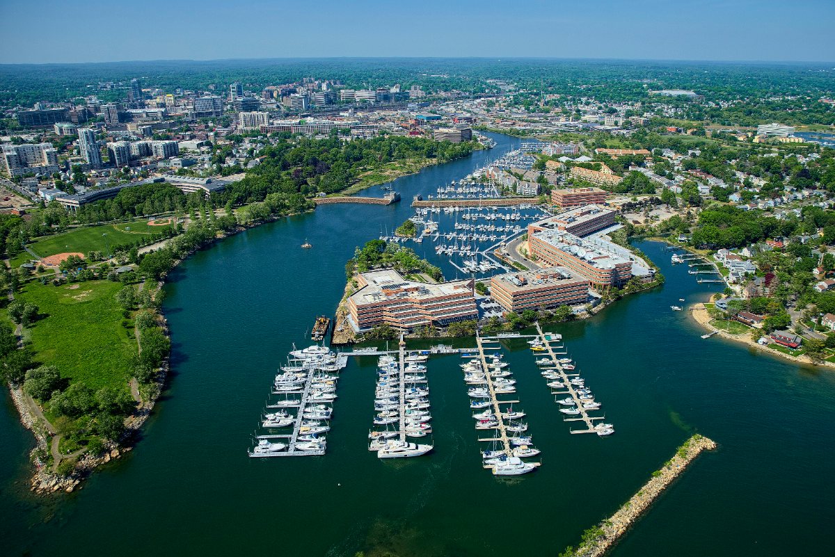 Aerial view of Stamford harbor, Shippan and the downtown skyline