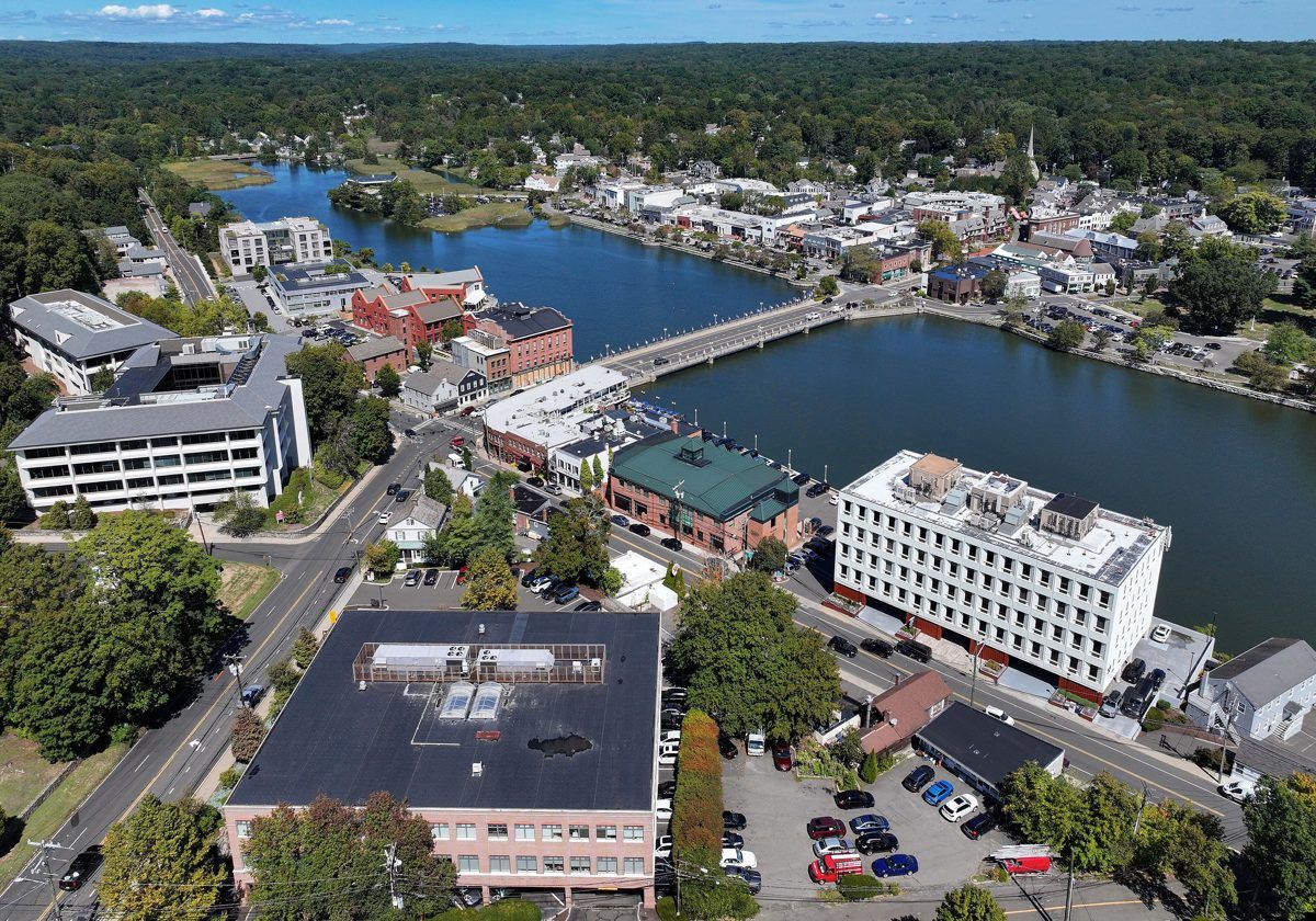 Aerial view of downtown Westport and the Saugatuck River
